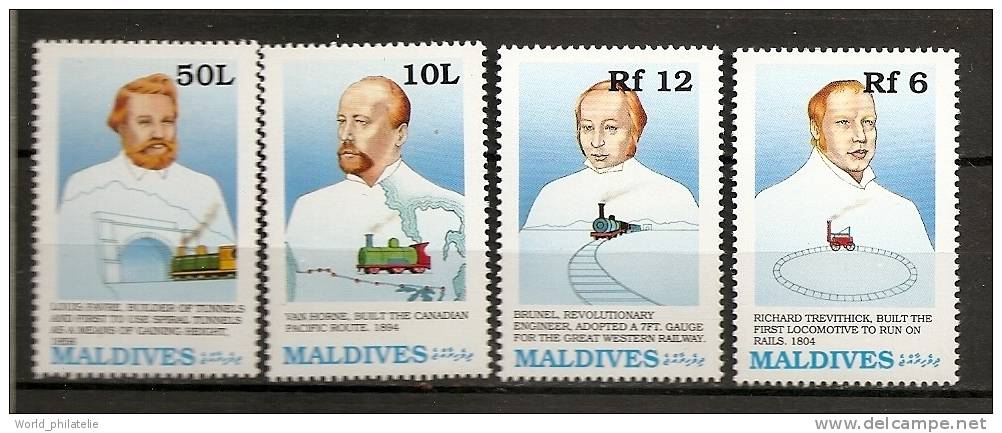 Maldives 1989 N° 1240 / 3 ** Train, Transport Ferrovière, Locomotives, Van Horne, Transcanadien, Louis Favre, Tunnel - Maldive (1965-...)