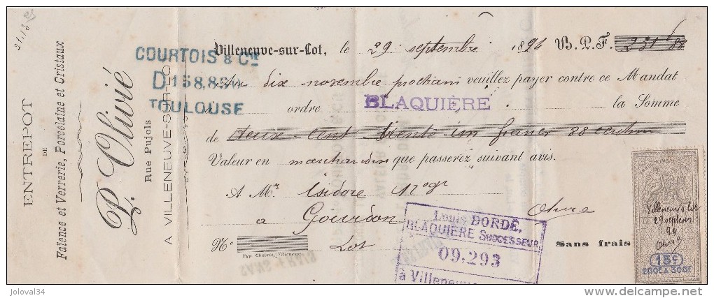 29/6/1894  P OLIVIE Faïence Verrerie Porcelaine VILLENEUVE Sur Lot Lot Et Garonne Pour Gourdon Lot - Lettres De Change