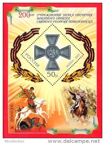 Russia 2007 200th Anniversary Award Saint George Cross Sign Military Order Medal Horse S/S Stamp Michel BL 97 - Sammlungen