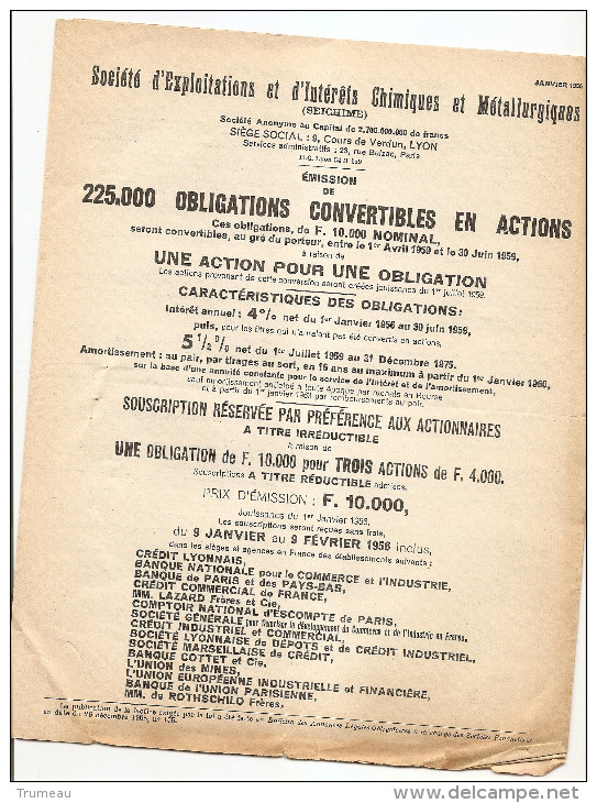 LYON SOCIETE D'EXPLOITATIONS ET D' INTERETS CHIMIQUES ET METALLURGIQUES EMISSION DE 225 000 OBLIGATIONS - Industrie
