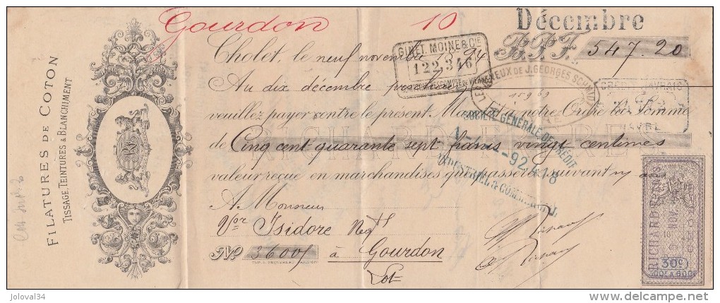 9/11/1894 RICHARD Frères Filatures Coton CHOLET Maine Et Loire Pour Gourdon Lot - Lettres De Change