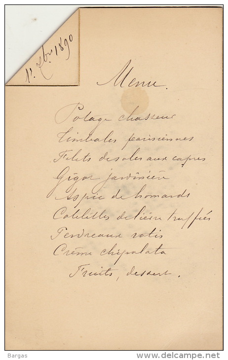 Menu Pour Senateur Hubert Van Willigen 1890 - Menükarten