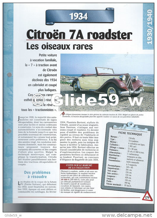 Fiche Citroën 7 A Roadster (1934) - Un Siècle D'Automobiles (Edit. Hachette) - Automobili