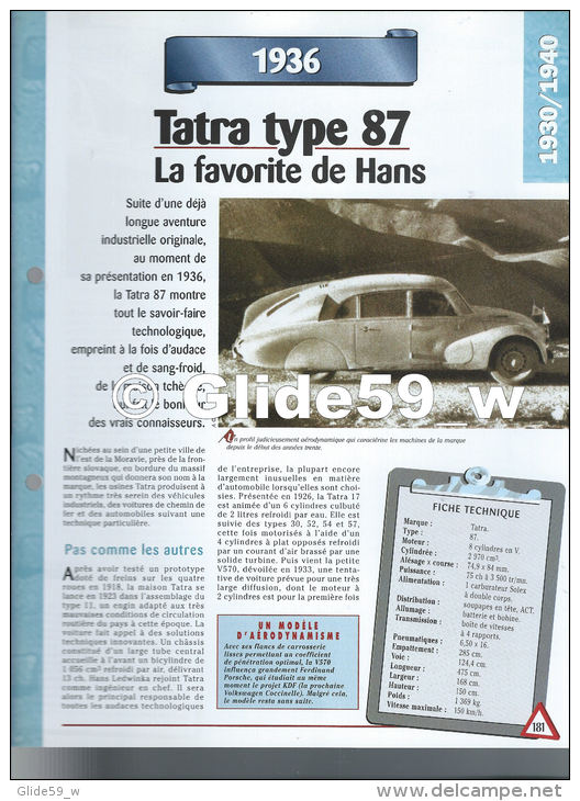 Fiche Tatra Type 87 (1936) - Un Siècle D'Automobiles (Edit. Hachette) - Automobili