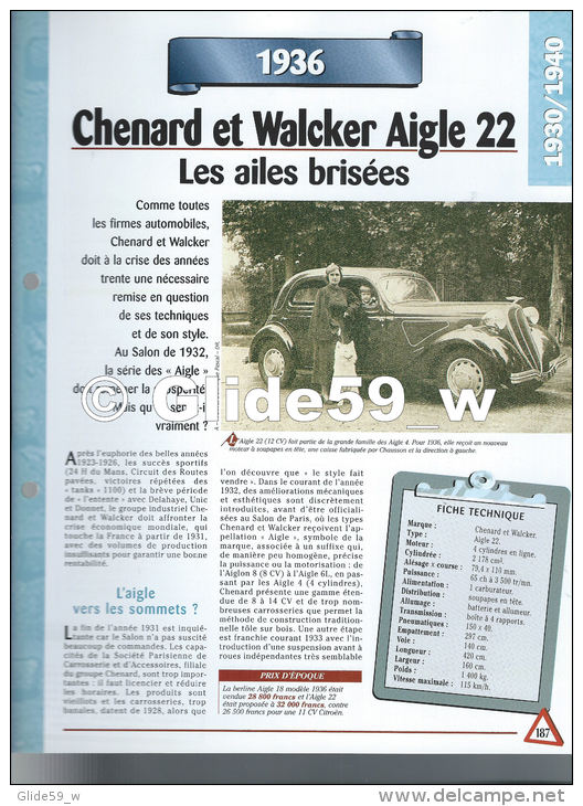 Fiche Chenard Et Walcker Aigle 22 (1936) - Un Siècle D'Automobiles (Edit. Hachette) - Autos