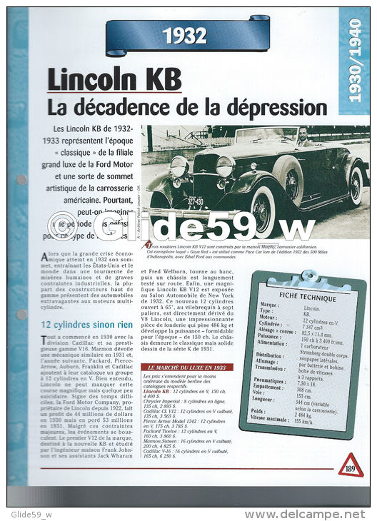 Fiche Lincoln KB (1932) - Un Siècle D'Automobiles (Edit. Hachette) - Auto's