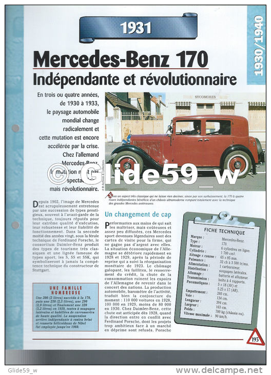 Fiche Mercédès-Benz 170 (1931) - Un Siècle D'Automobiles (Edit. Hachette) - Auto's