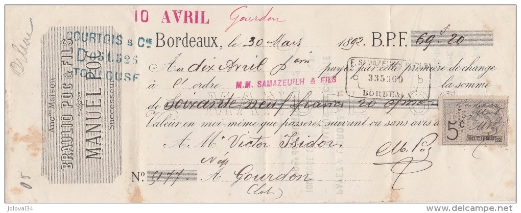 30/3/1892 MANUEL POC Ex BRAULIO POC Denrées Coloniales BORDEAUX Pour Gourdon Lot - Lettres De Change