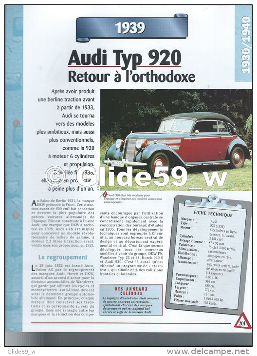 Fiche Audi Typ 920 (1939) - Un Siècle D'Automobiles (Edit. Hachette) - Automobili