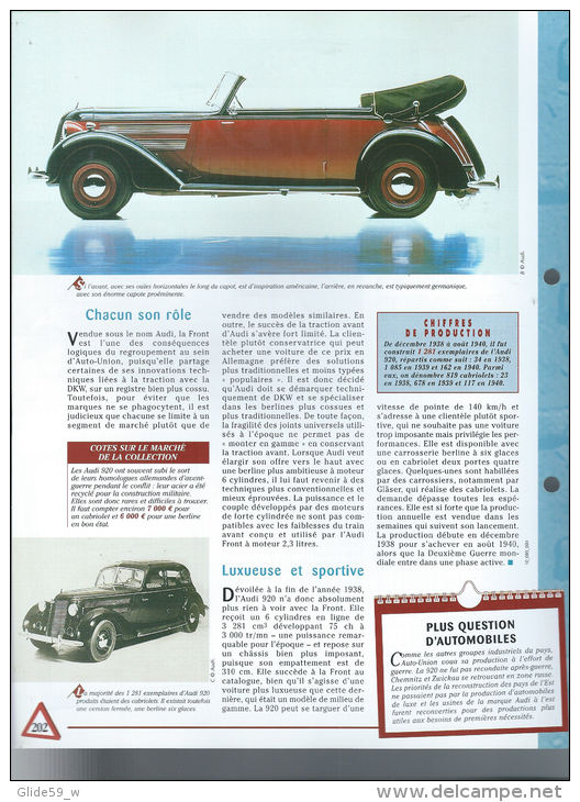 Fiche Audi Typ 920 (1939) - Un Siècle D'Automobiles (Edit. Hachette) - Auto's