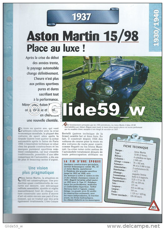 Fiche Aston Martin 15/98 (1937) - Un Siècle D'Automobiles (Edit. Hachette) - Autos