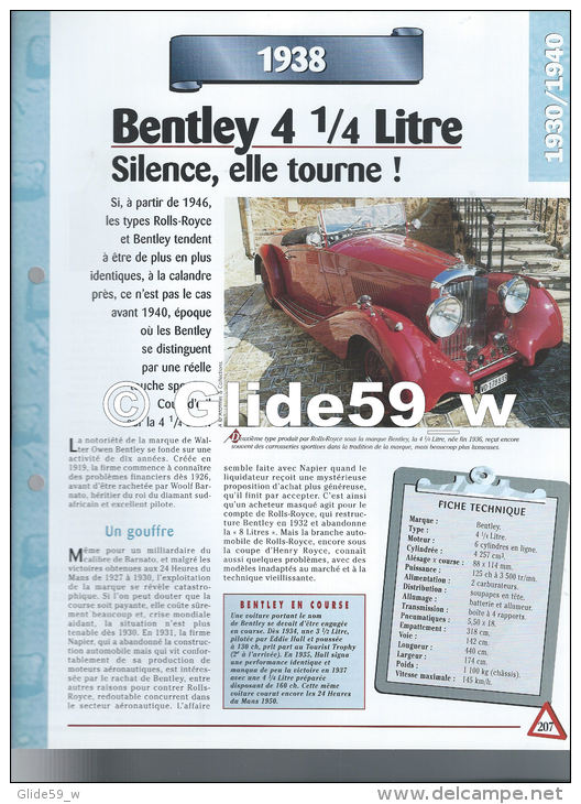 Fiche Bentley 4 1/4 Litre (1938) - Un Siècle D'Automobiles (Edit. Hachette) - Voitures