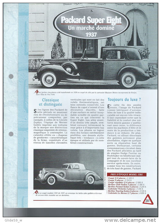 Fiche Packard Super Eight (1937) - Un Siècle D'Automobiles (Edit. Hachette) - Automobili