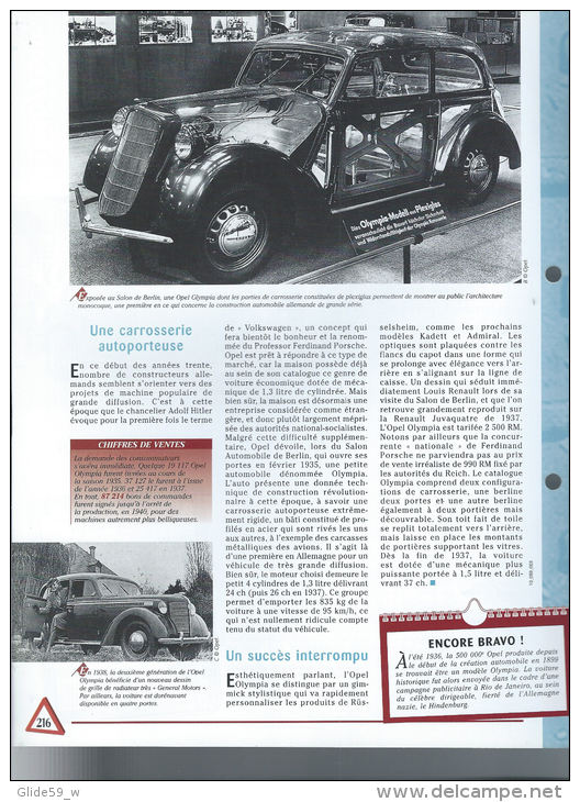 Fiche Opel Olympia (1935) - Un Siècle D'Automobiles (Edit. Hachette) - Voitures