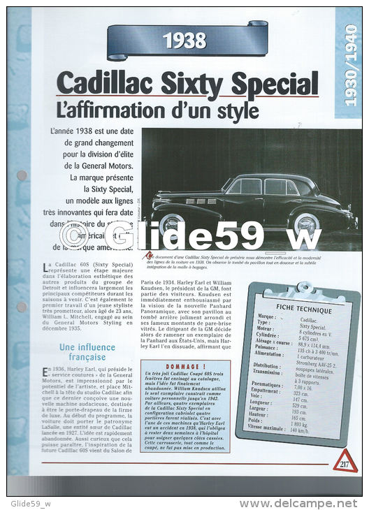 Fiche Cadillac Sixty Special (1938) - Un Siècle D'Automobiles (Edit. Hachette) - Autos