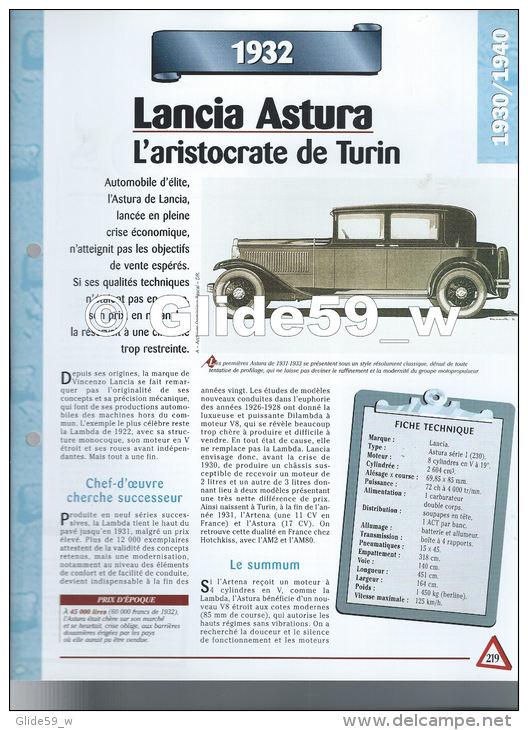 Fiche Lancia Astura (1932) - Un Siècle D'Automobiles (Edit. Hachette) - Auto's