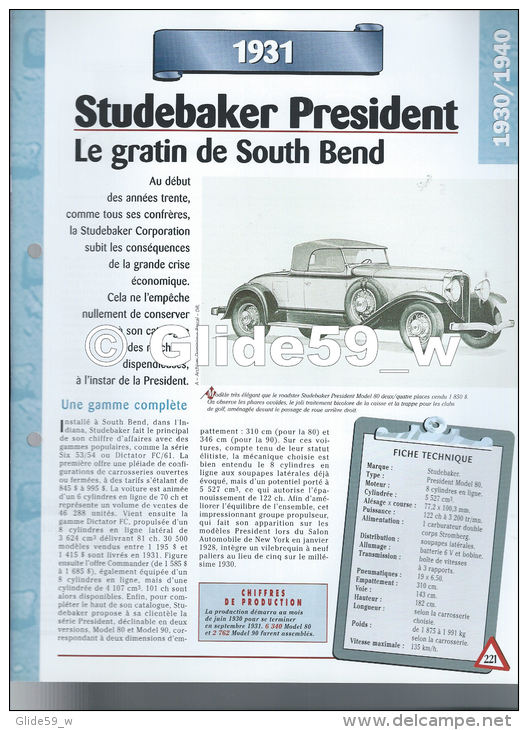 Fiche Studebacker President (1931) - Un Siècle D'Automobiles (Edit. Hachette) - Automobili