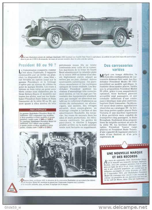 Fiche Studebacker President (1931) - Un Siècle D'Automobiles (Edit. Hachette) - Automobili