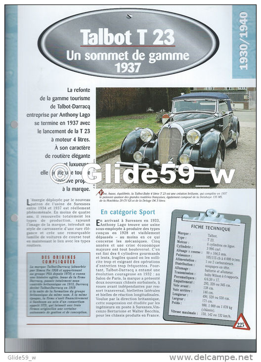 Fiche Talbot T 23 (1937) - Un Siècle D'Automobiles (Edit. Hachette) - Voitures