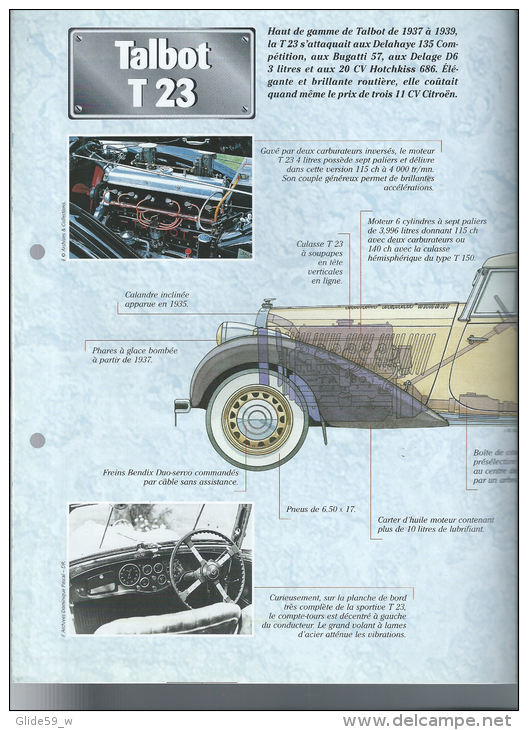 Fiche Talbot T 23 (1937) - Un Siècle D'Automobiles (Edit. Hachette) - Autos