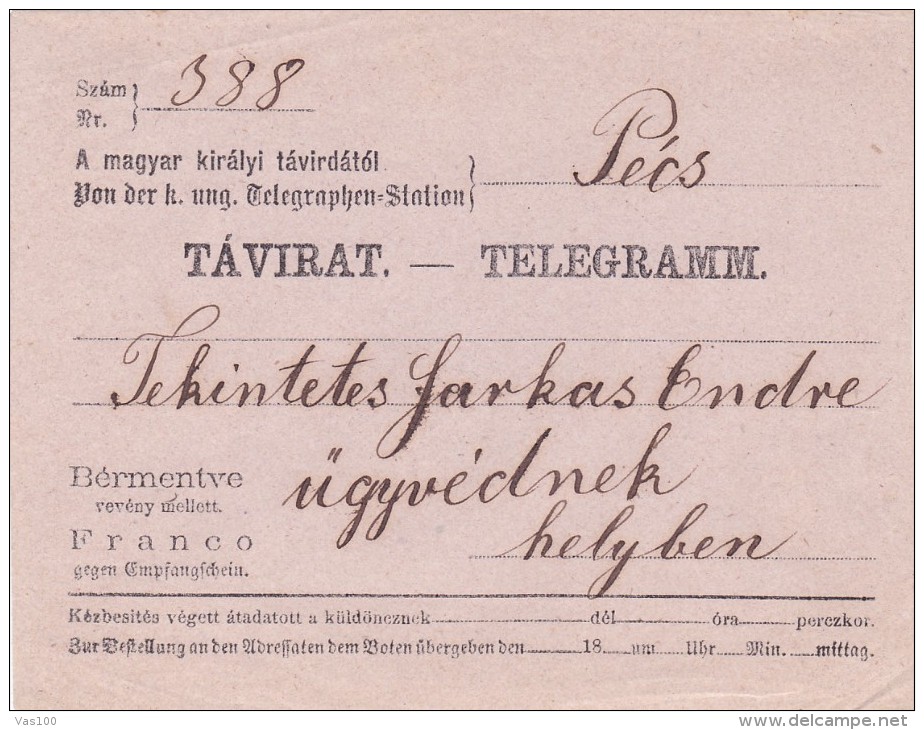 HUNGARY 1875 TELEGRAM  VERY RARE! COVER. - Telegraphenmarken