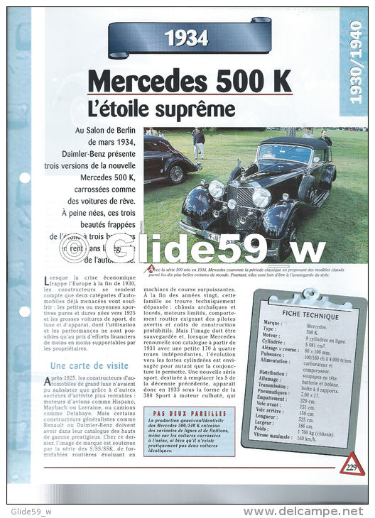 Fiche Mercédès 500 K (1934) - Un Siècle D'Automobiles (Edit. Hachette) - Coches