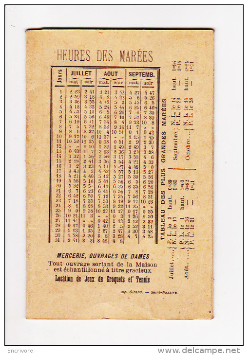 A La Brodeuse PORNICHET Calendrier Horaires MAREES Chemins De Fer Orleans 1909 - Kleinformat : 1901-20