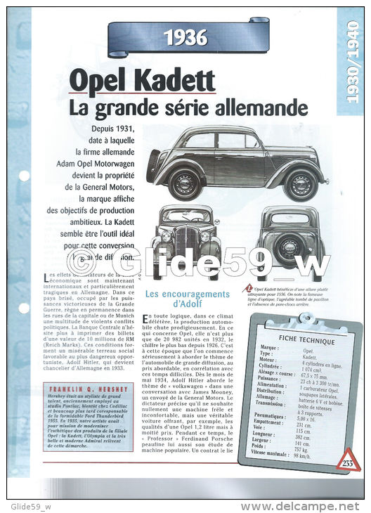 Fiche Opel Kadett (1936) - Un Siècle D'Automobiles (Edit. Hachette) - Voitures