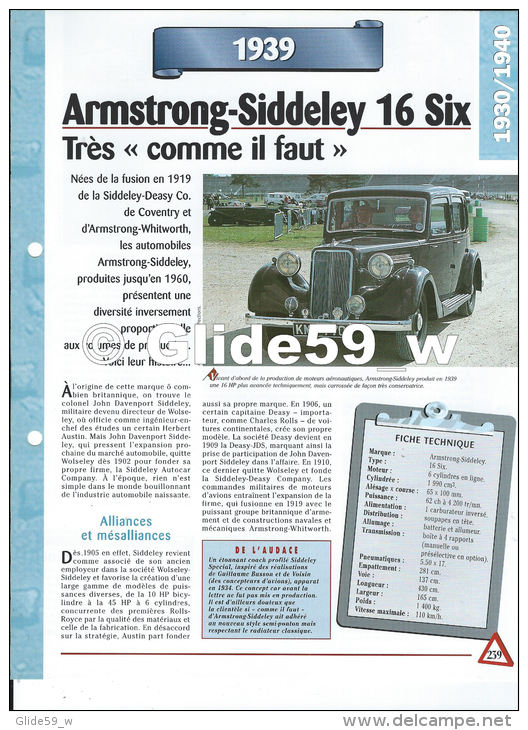 Fiche Armstrong-Siddeley 16 Six (1939) - Un Siècle D'Automobiles (Edit. Hachette) - Automobili