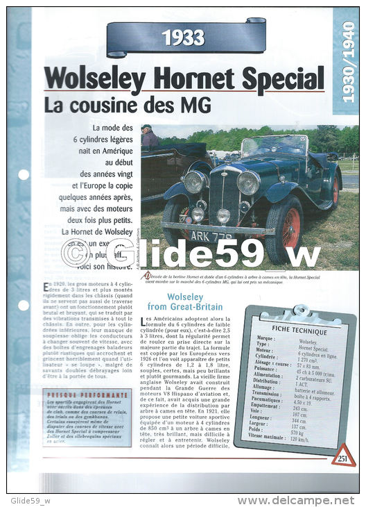 Fiche Wolseley Hornet Special (1933) - Un Siècle D'Automobiles (Edit. Hachette) - Automobili