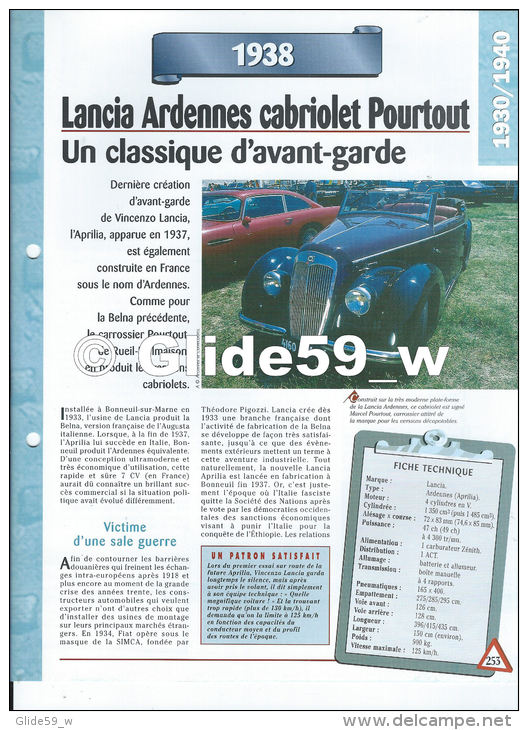 Fiche Lancia Ardennes Cabriolet Pourtout (1938) - Un Siècle D'Automobiles (Edit. Hachette) - Automobili