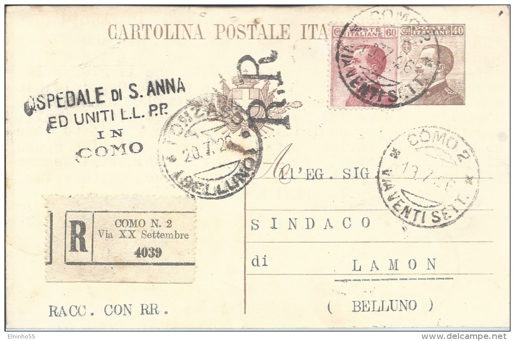 1926 Cartolina Postale C. 40 Raccomandata RR Da Como Per Lamon - Annullo Tondo - Interi Postali