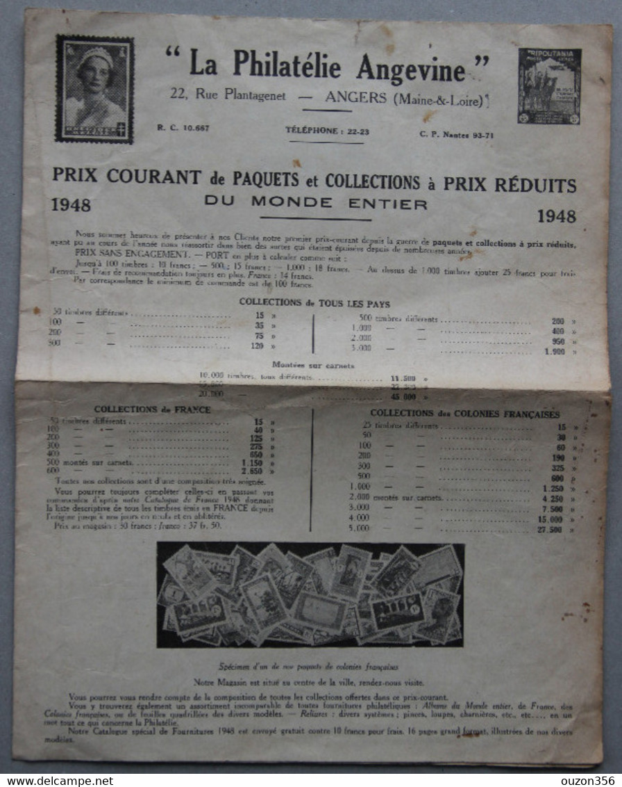 Catalogue Timbres  LA PHILATELIE ANGEVINE à Angers (Maine-et-Loire) 1948 - Catalogues De Maisons De Vente