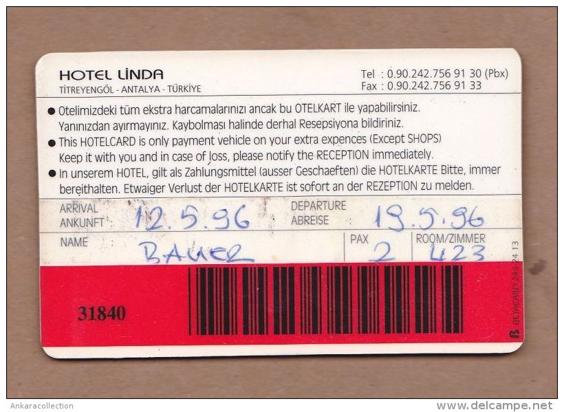 AC - HOTEL LINDA ROOM KEY # 1 ANTALYA TURKEY - Hotel Keycards