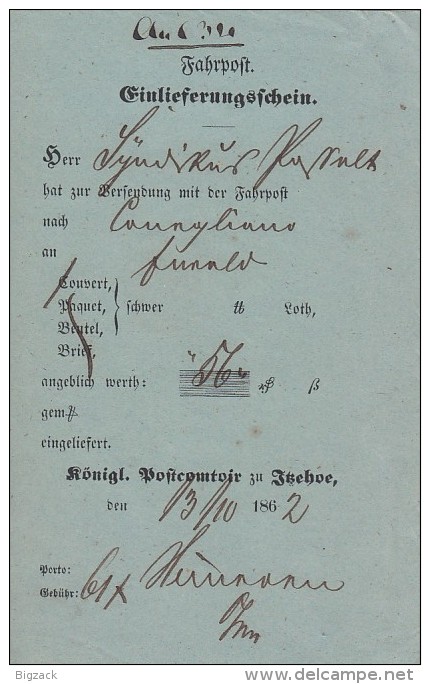 Fahrpost Einlieferungsschein Itzehoe 3.10.1862 - Schleswig-Holstein