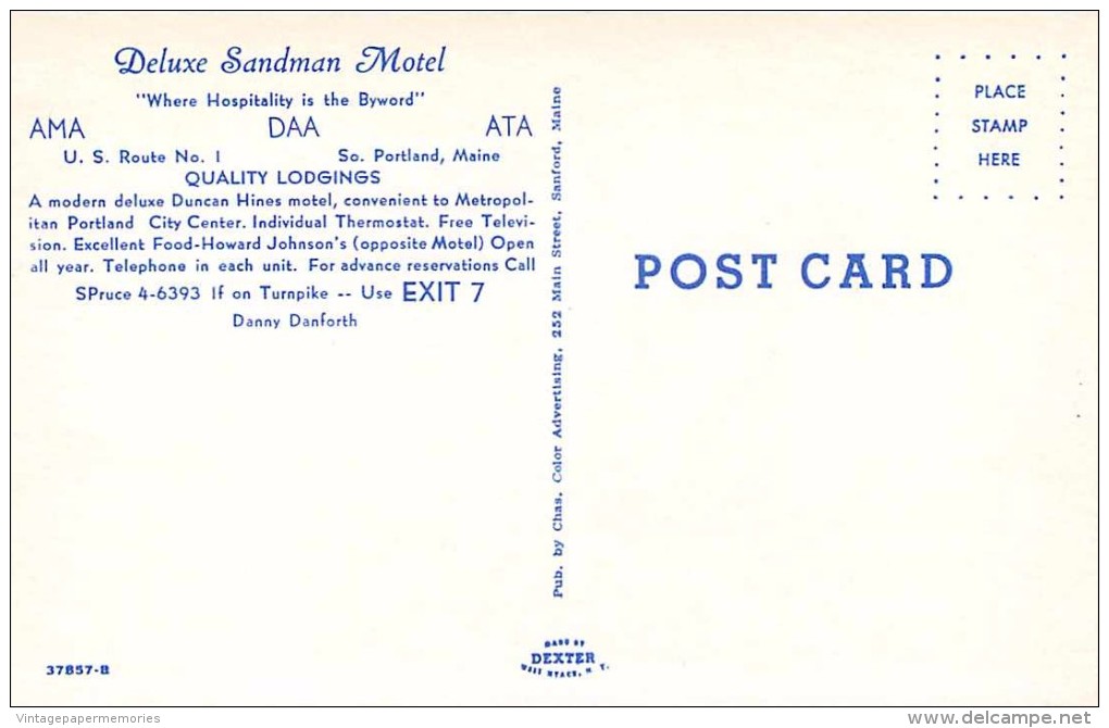 263737-Maine, South Portland, Deluxe Sandman Motel, Route 1, Chas Color Advertising By Dexter Press No 37857-B - Portland