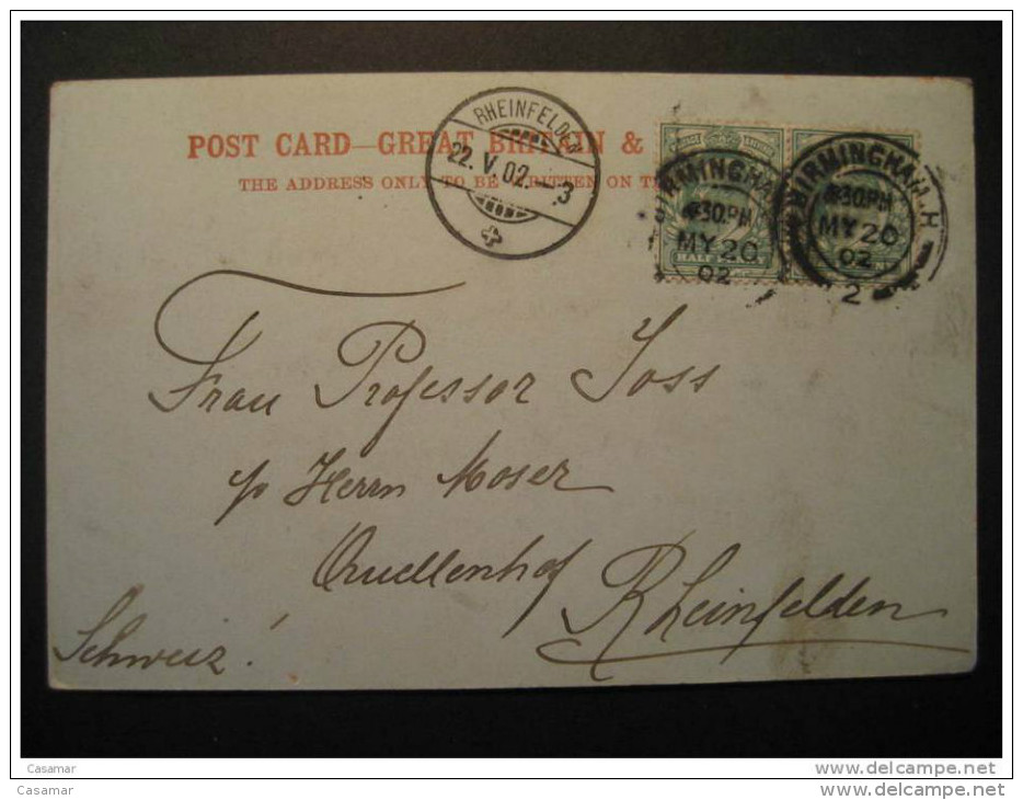 GB UK ENGLAND Birmingham 1902 To Rheinfelden Switzerland Suisse 2 Stamp On Town Hall Post Card - Covers & Documents