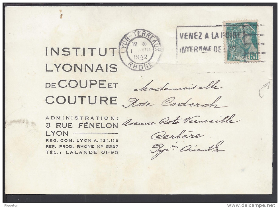 FR - 1942 - "INSTITUT LYONNAIS DE COUPE ET COUTURE" TYPE MERCURE 50 Ct SUR CARTE DE REMERCIEMENTS DE LYON VERS CERBERE - - Sin Clasificación