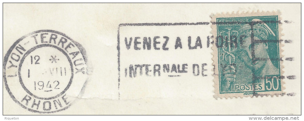 FR - 1942 - "INSTITUT LYONNAIS DE COUPE ET COUTURE" TYPE MERCURE 50 Ct SUR CARTE DE REMERCIEMENTS DE LYON VERS CERBERE - - Sin Clasificación