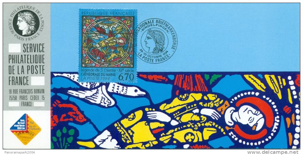 123 Carte Officielle Exposition Internationale Exhibition Sindelfingen 1994 FDC Cathédrale Mans Vitrail Tableau Painting - Briefmarkenausstellungen