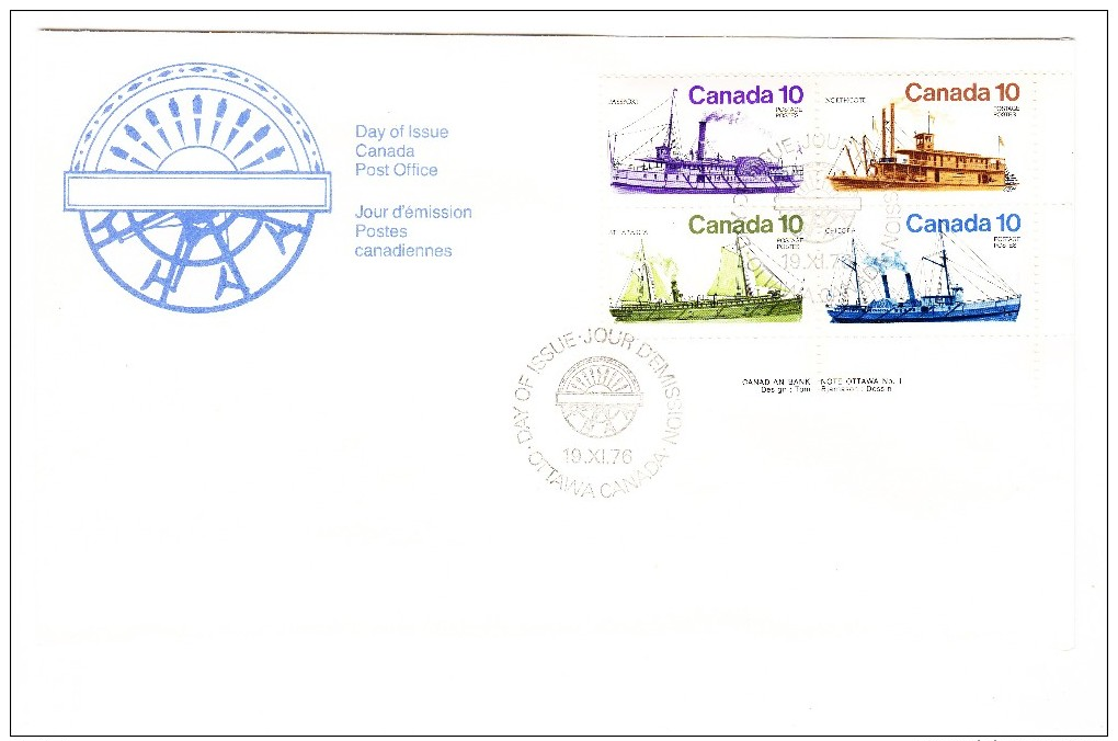 1976 Canada Inland Vessels 10c Plate Block First Day Cover - 1971-1980