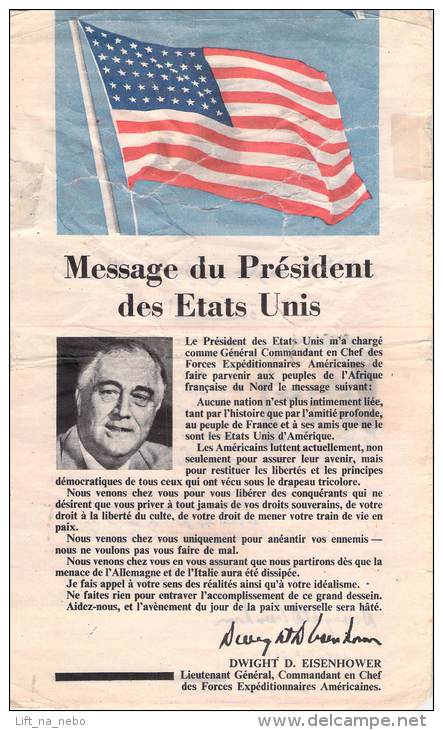 WWII WW2 Propaganda Leaflet Tract Message Du President Des Etats Unis DWIGHT D. EISENHOWER , FREE SHIPPING WORLDWIDE - Unclassified