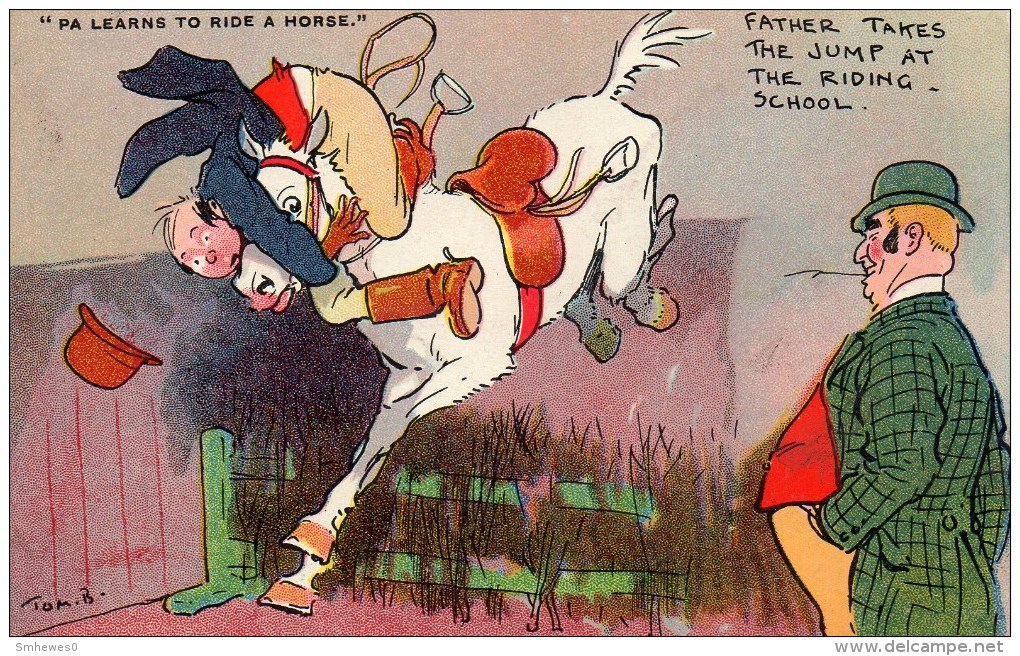 Postcard - "Pa Learns To Ride A Horse" - Father Takes The Jump At The Riding School By Tom Browne. 2599 - Humour