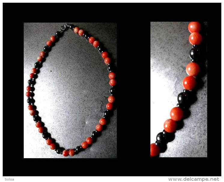 Collier Corail Véritable Et Hématite /Vintage CCoral And Hematite Necklace - Necklaces/Chains