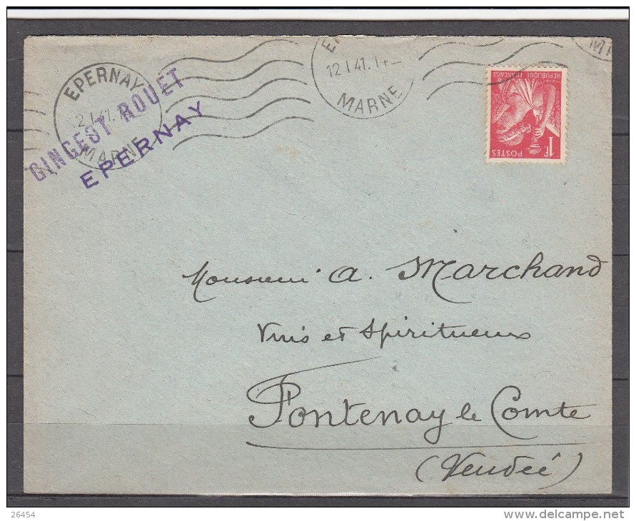 KRAG  De  EPERNAY  Marne    Le 12 1 1941 Sur Lettre   Pour FONTENAY LE COMTE     Iris 1f Rouge - 1939-44 Iris