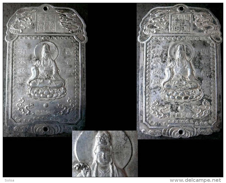 Plaque De Protection Chinoise En Argent Ou Recouverte D'argent Figurant Guanyin / Silver Or Silver-gilded Amulet - Religion &  Esoterik