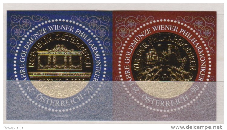 D 898) Österreich Austria 2014 Mi# 3170-71 Block 83 *: 25 Jahre Goldmünze „Wiener Philharmoniker“, Orgel Violine Harfe - Musica