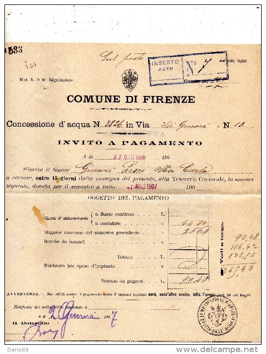 1907 FIRENZE - CONCESSIONE D'ACQUA - Italia