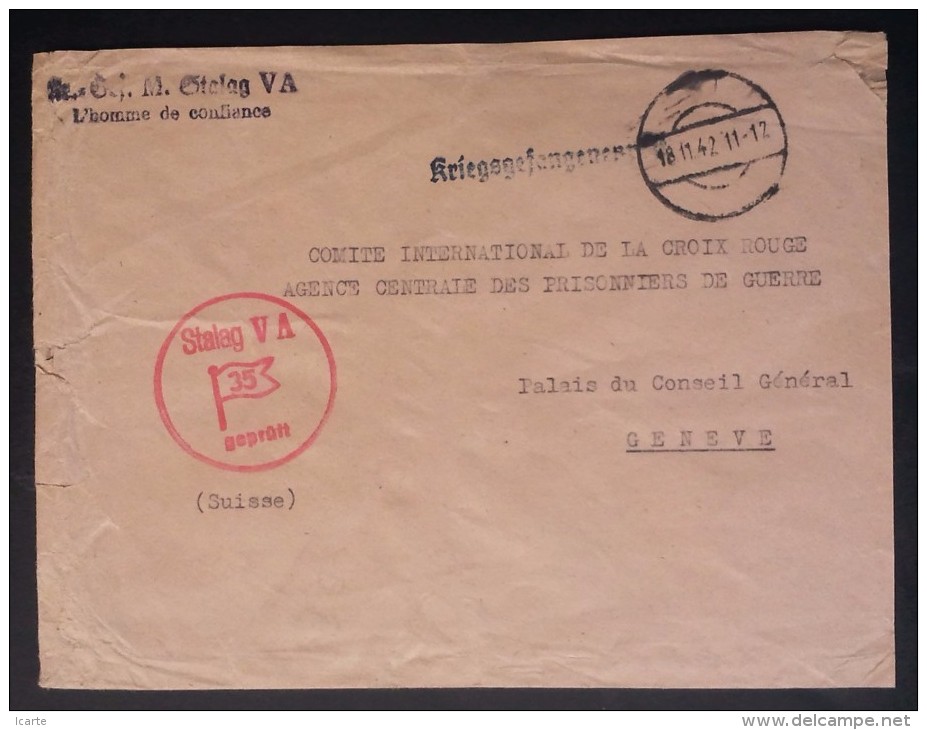 Enveloppe Cachet STALAG V A L'HOMME DE CONFIANCE Pour Croix-Rouge Prisonniers De Guerre Genève 1942 Ludwigsburg - Guerre De 1939-45