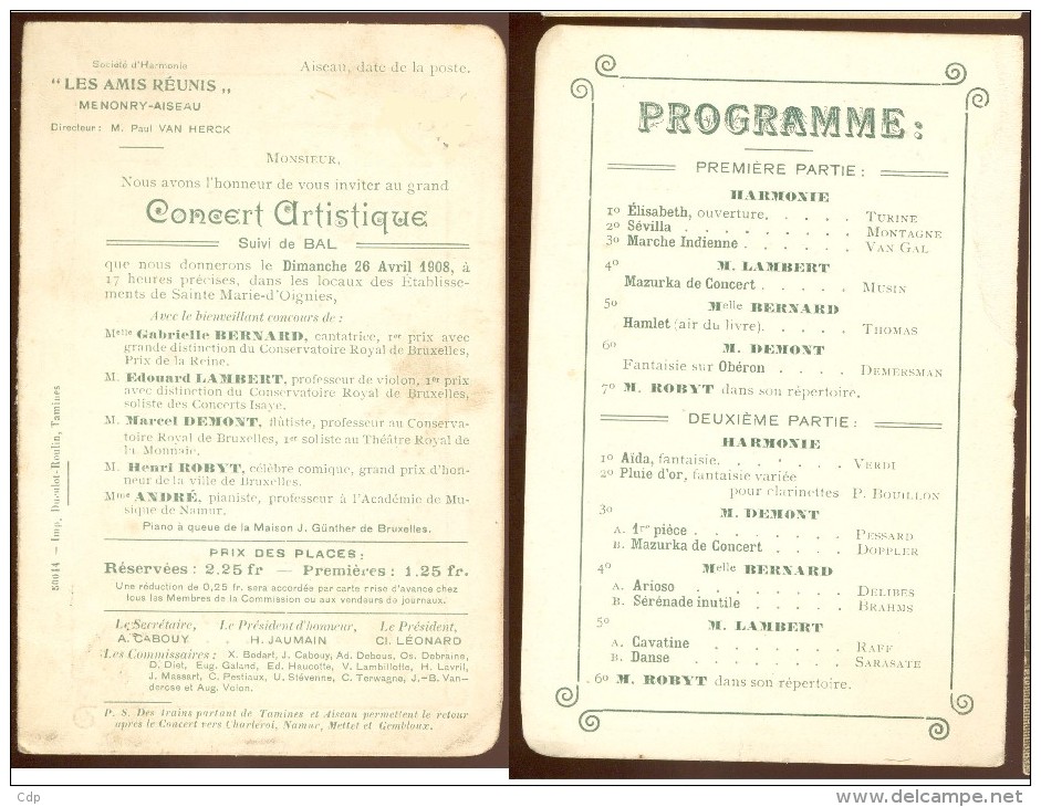 Aiseau  Rare Carte Postale Programme  1908 - Aiseau-Presles